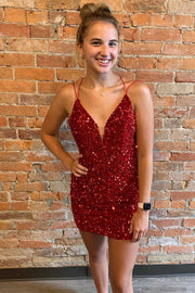 Red Sequin V-Neck Lace-Up Short Party Dress