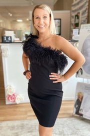Feathers Black One-Shoulder Bodycon Short Cocktail Dress