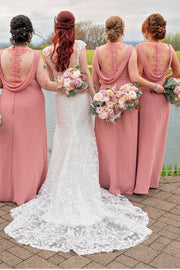 Pink Chiffon Wrap Sheer Back Long Bridesmaid Dress