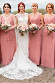 Pink Chiffon Wrap Sheer Back Long Bridesmaid Dress