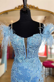 Blue Sequin Appliques Cold-Shoulder Long Prom Gown with Slit