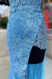 Blue Sequin Appliques Cold-Shoulder Long Prom Gown with Slit