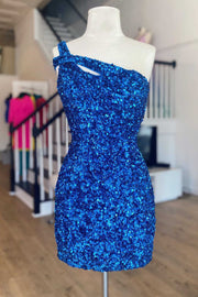 One-Shoulder Blue Sequin Keyhole Mini Homecoming Dress