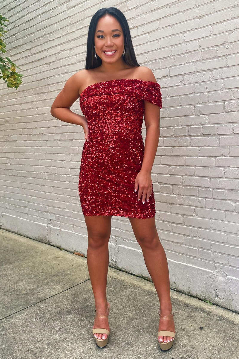Wine Red Sequin One-Shoulder Short Homecoming Dress
