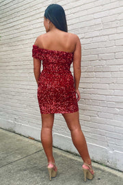 Wine Red Sequin One-Shoulder Short Homecoming Dress