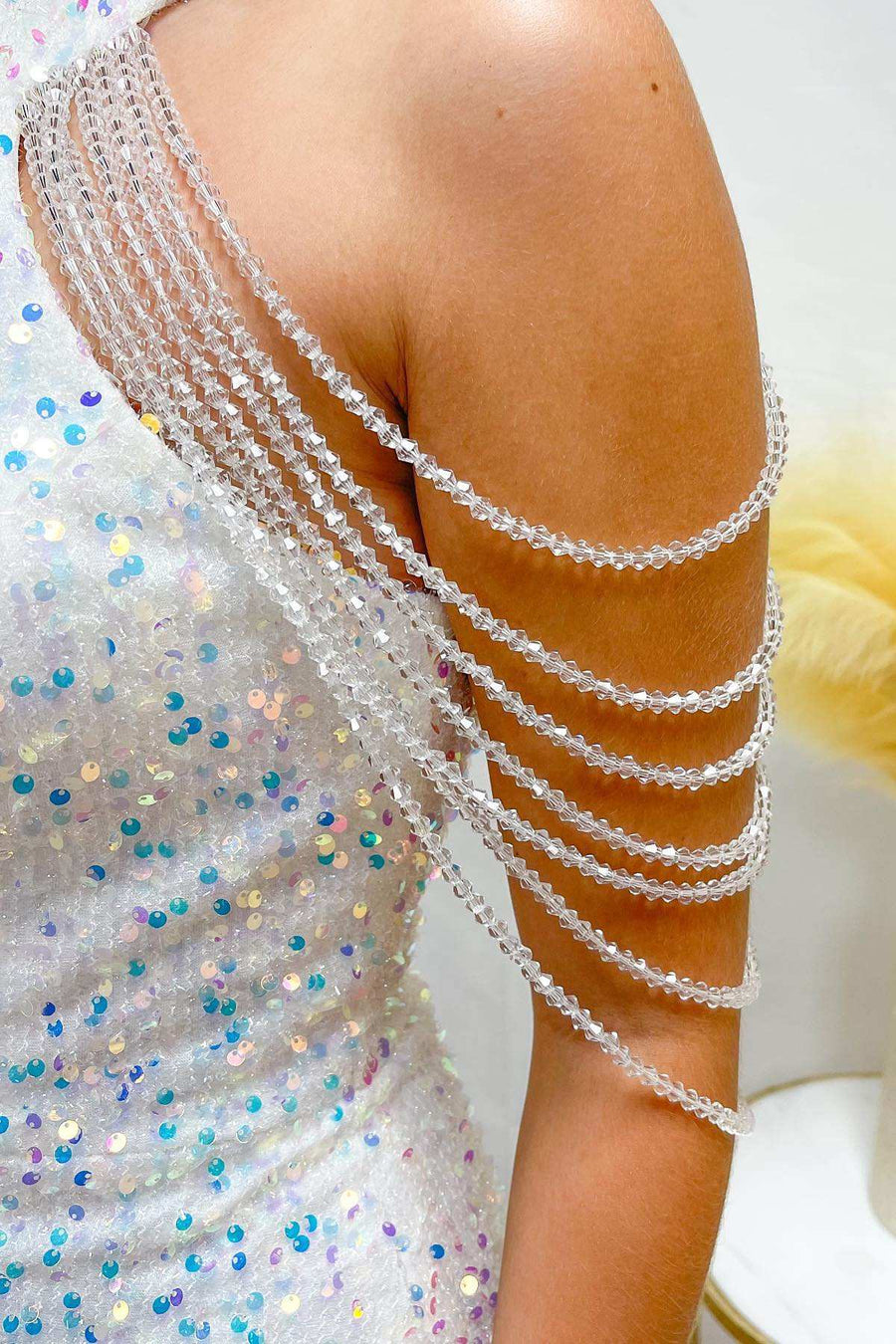 White Iridescent Sequin Halter Homecoming Dress with Fringes