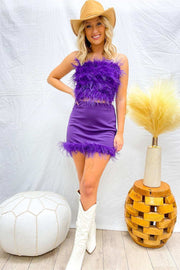 Two-Piece Purple Strapless Feathers Homecoming Dress