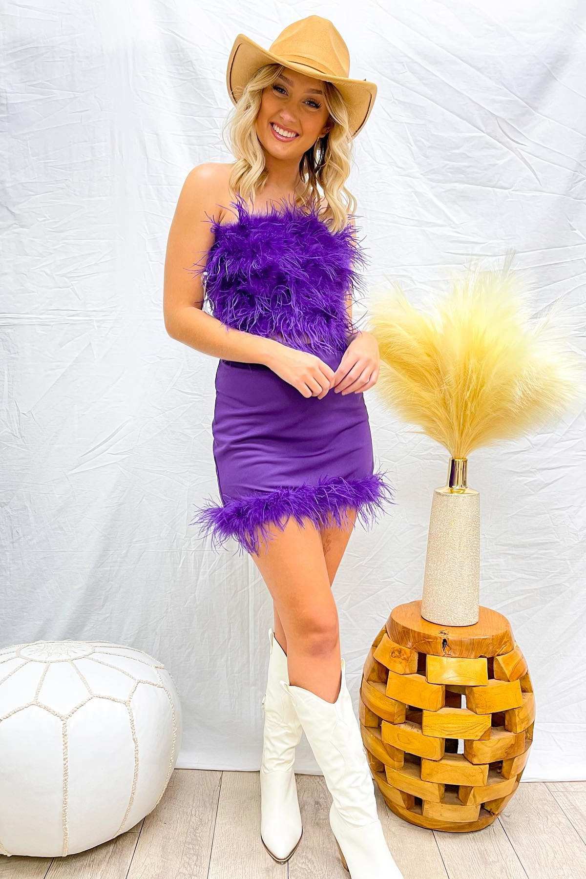 Two-Piece Purple Strapless Feathers Homecoming Dress