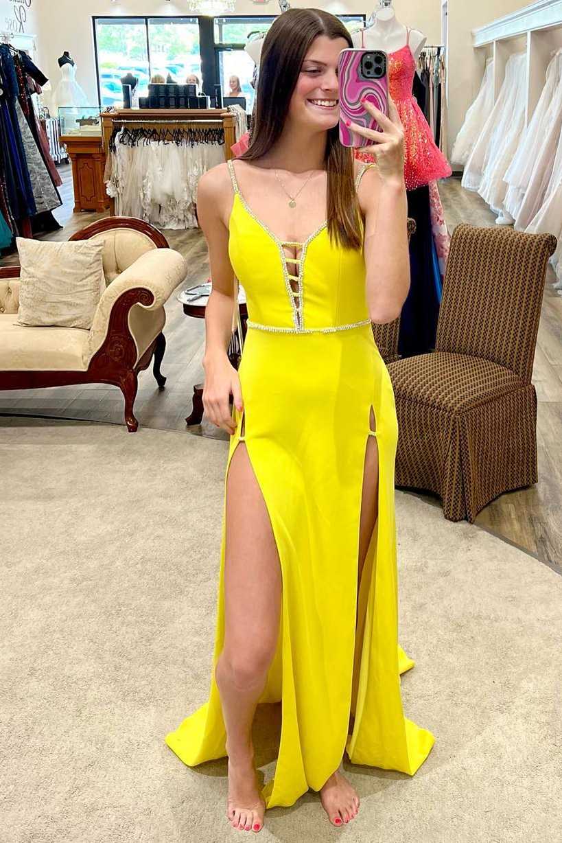 Mustard Yellow Lace-Up Belted Long Formal Dress