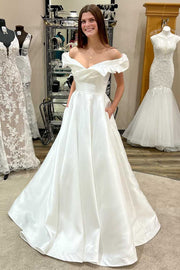White Off-the-Shoulder Ruffled A-Line Long Wedding Dress