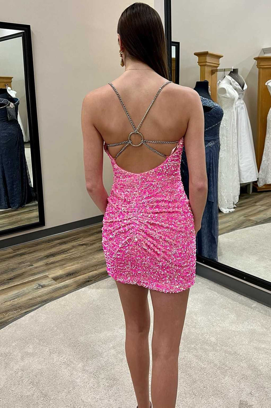 Hot Pink Sequin O-Ring Back Short Party Dress
