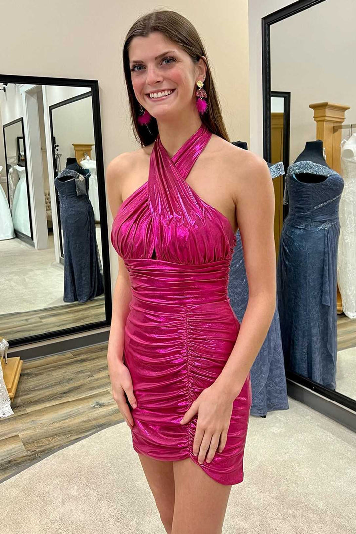 Neon Pink Halter Ruched Short Party Dress
