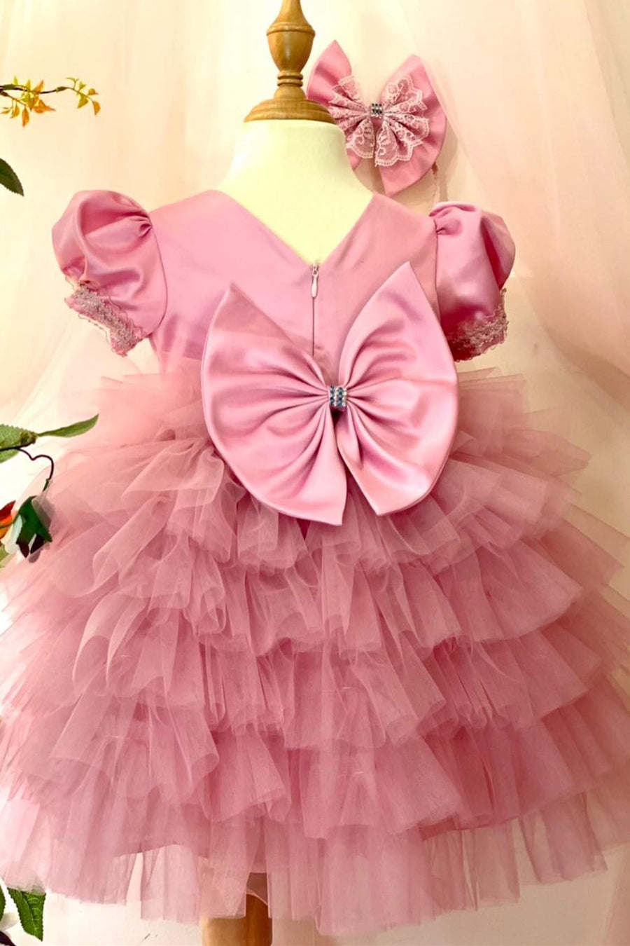 Hot Pink Puff Sleeve Multi-tiered Flower Girl Dress