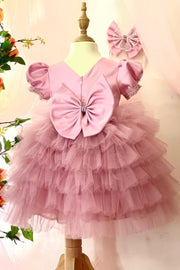 Hot Pink Puff Sleeve Multi-tiered Flower Girl Dress