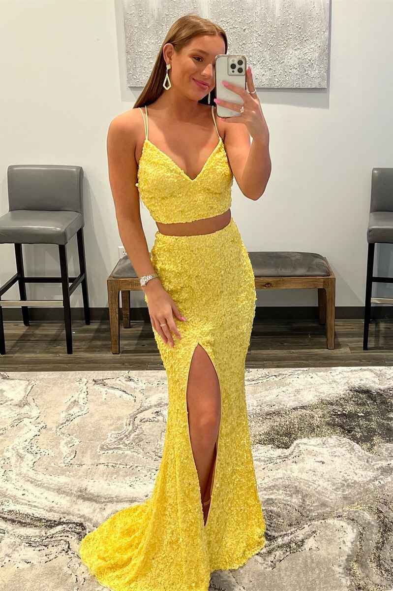 Two piece outlet yellow prom dress