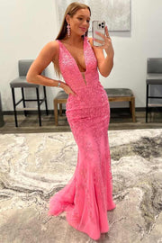 Plunge Black Embroidered Mermaid Long Prom Dress