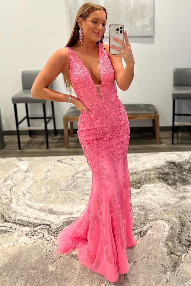 Plunge Black Embroidered Mermaid Long Prom Dress