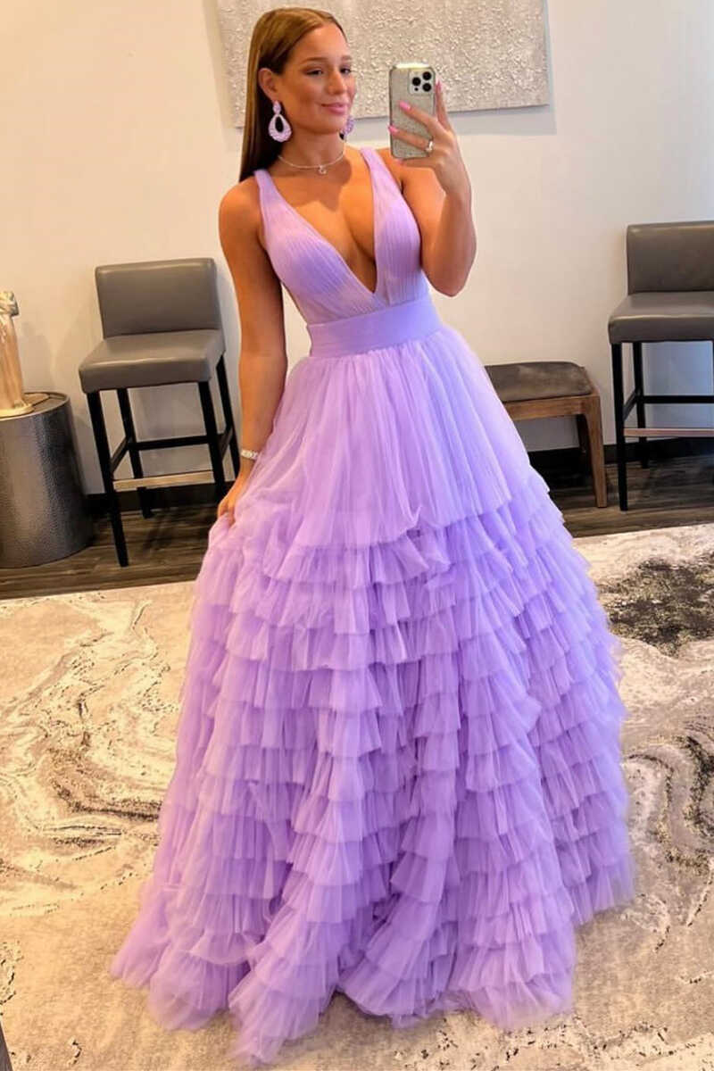 Multi-Tiered Lavender Plunge Neck A-Line Long Prom Dress