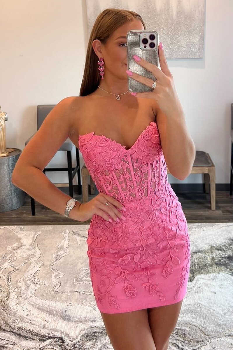 Hot Pink Appliques Strapless Lace-Up Mini Homecoming Dress