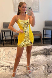 Yellow Cut Glass Mirror And Sequin Lace-Up Short Dress