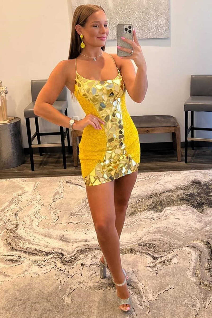 Yellow Cut Glass Mirror And Sequin Lace-Up Short Dress