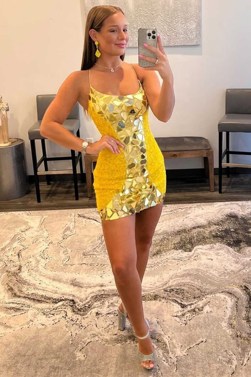 Yellow Cut Glass Mirror And Sequin Lace-Up Short Dress
