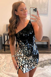 Black Gradient Cut Glass Mirror One-Shoulder Short Dress Modsele Black Gradient Cut Glass Mirror One-Shoulder Short Dress Modsele