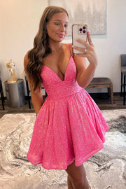 Hot Pink Sequin V-Neck A-Line Short Party Dress