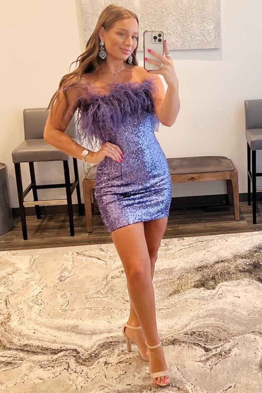Feathered Strapless Bodycon Short Homecoming Dress