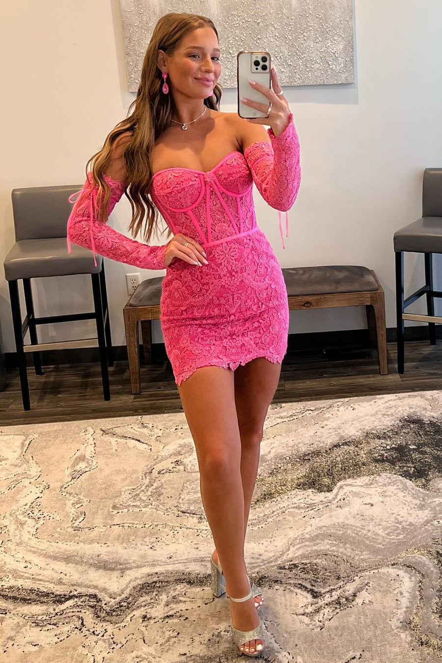 Barbie Pink Lace Strapless Bodycon Cocktail Dress