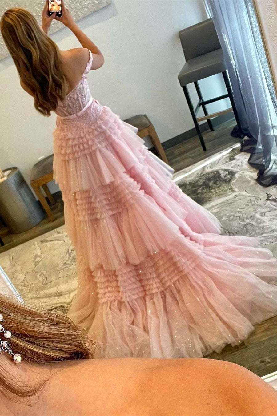 Princess Tulle Off-the-Shoulder Tiered A-Line Prom Gown Modsele Princess Tulle Off-the-Shoulder Tiered A-Line Prom Gown Modsele