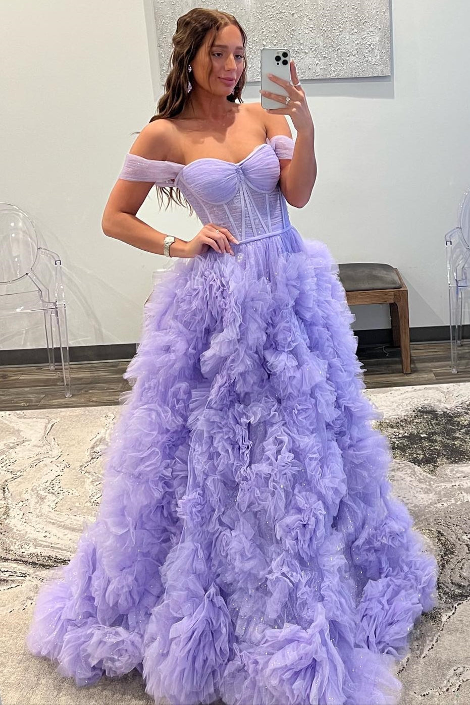 Lavender off the 2025 shoulder prom dress