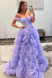Lavender Tulle Off-the-Shoulder Long Prom Dress with Ruffles