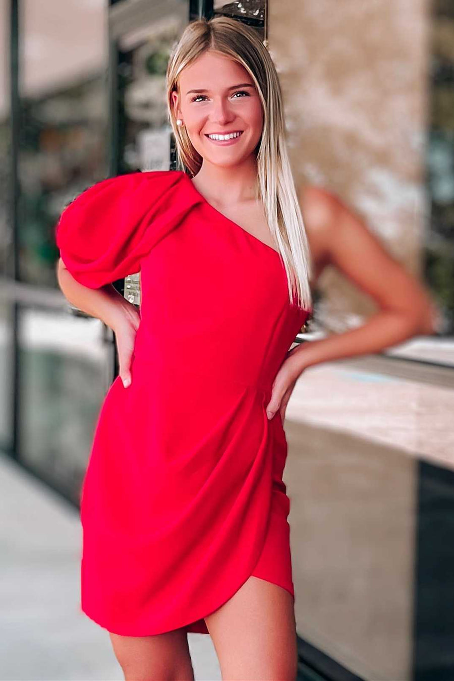 Red One-Sleeve Pleated Cocktail Dress