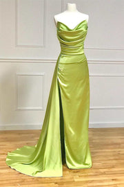 Lime Green Satin Strapless Ruched Long Formal Gown with Slit