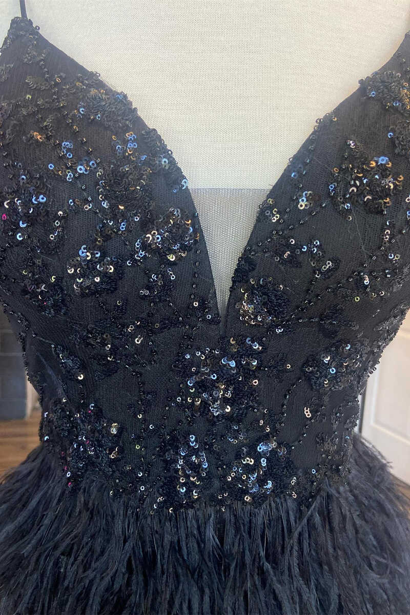 Black Sequins Deep V Strapless Sheath Homecoming Dress with Feather –  Dreamdressy