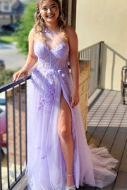 Dreamy Lavender Sheer Mesh One-Shoulder Long Prom Gown