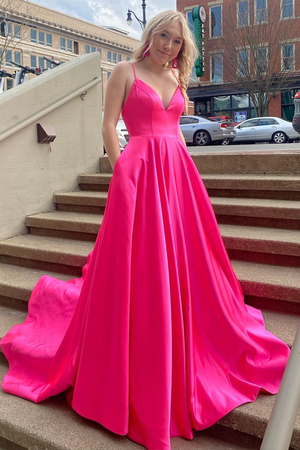 Hot Pink Simple Classic Empire-Waist Sleeveless A-Line  Long Prom Formal Dress