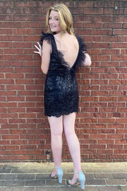 Black Sequin Plunge V Open Back Feathered Short Homecoming Dress