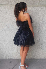 A-Line Black Sequin Feather Short Party Dress