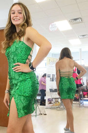 Green Sequin Lace-Up Homecoming Dress with Appliques