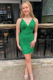 Green Sequin V-Neck Lace-Up Tight Short Homecoming Dress