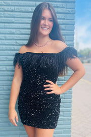 Black Sequin Off-the-Shoulder Feathered Short Party Dress