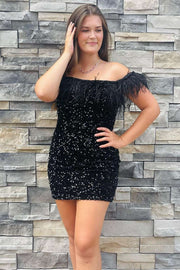 Black Sequin Off-the-Shoulder Feathered Short Party Dress