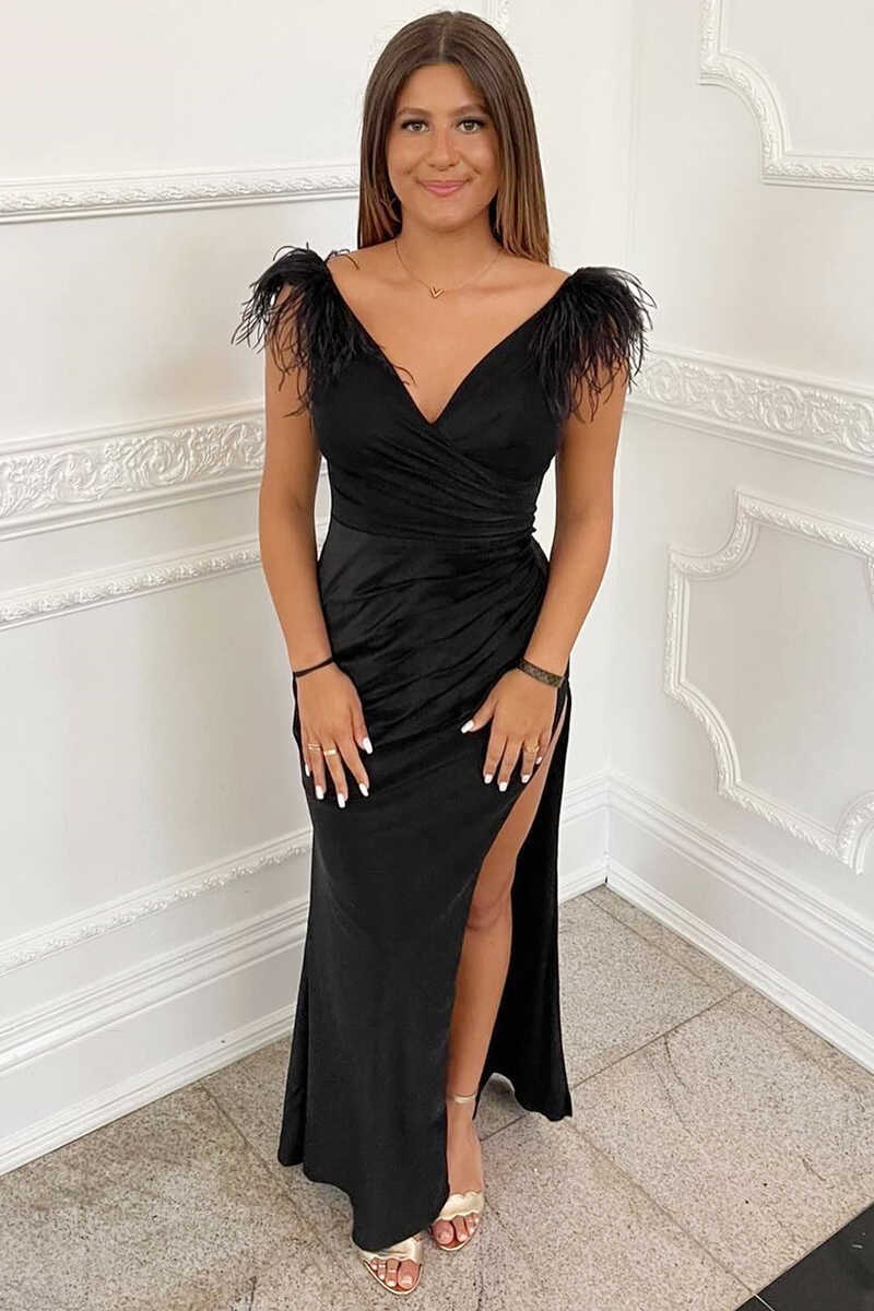 Black Feather V-Neck Long Prom Dress with Slit Modsele Black Feather V-Neck Long Prom Dress with Slit Modsele