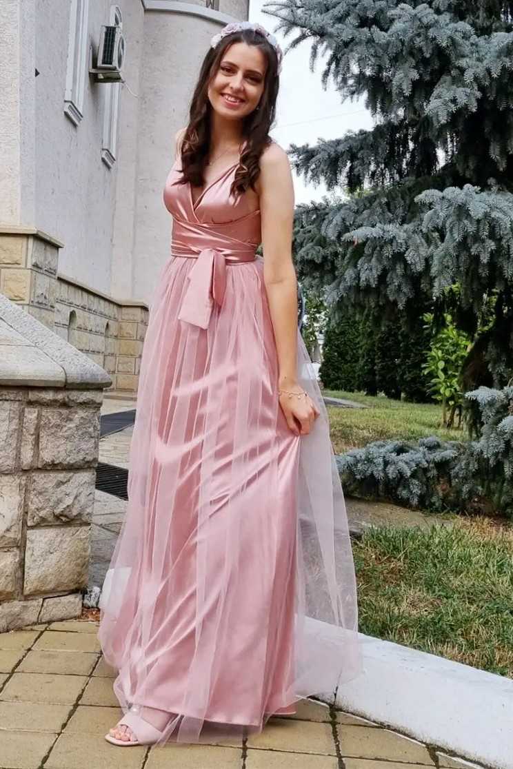A-Line Pink Surplice Belted Long Dress