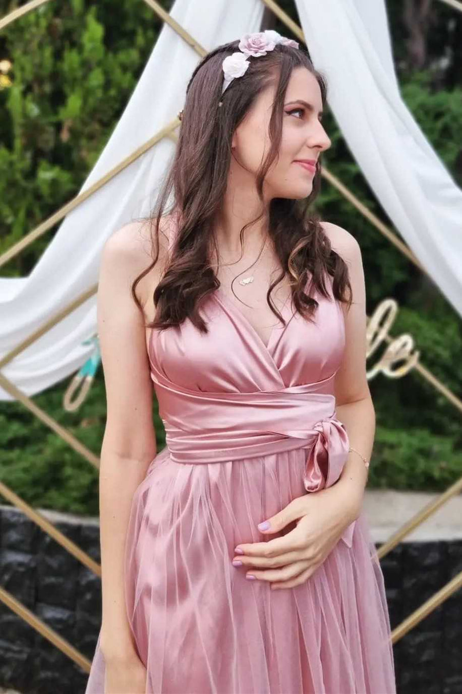 pink surplice dress A-Line Pink Surplice Belted Long Dress Modsele