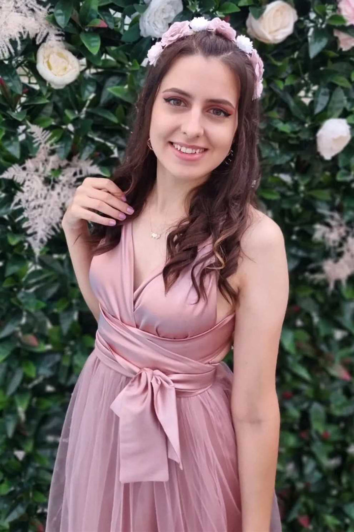 A-Line Pink Surplice Belted Long Dress