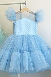 Blue Polka Dot Ruffled Sleeve A-Line Girl Party Dress