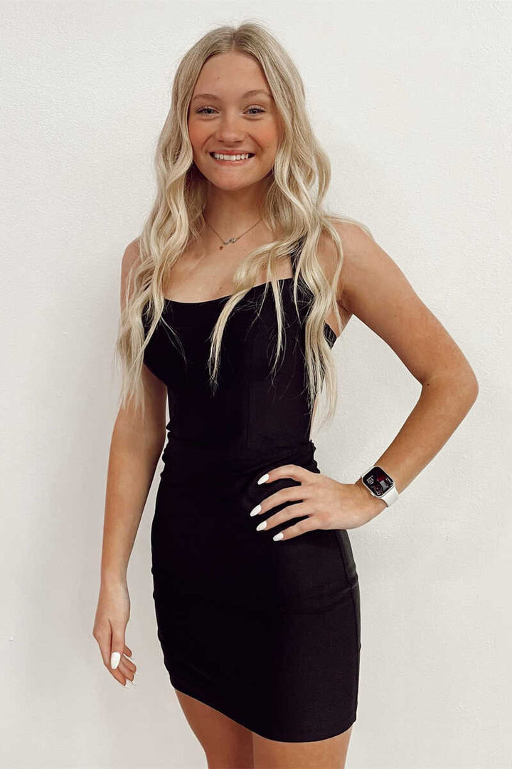 Black Lace-Up Tight Mini Homecoming Dress